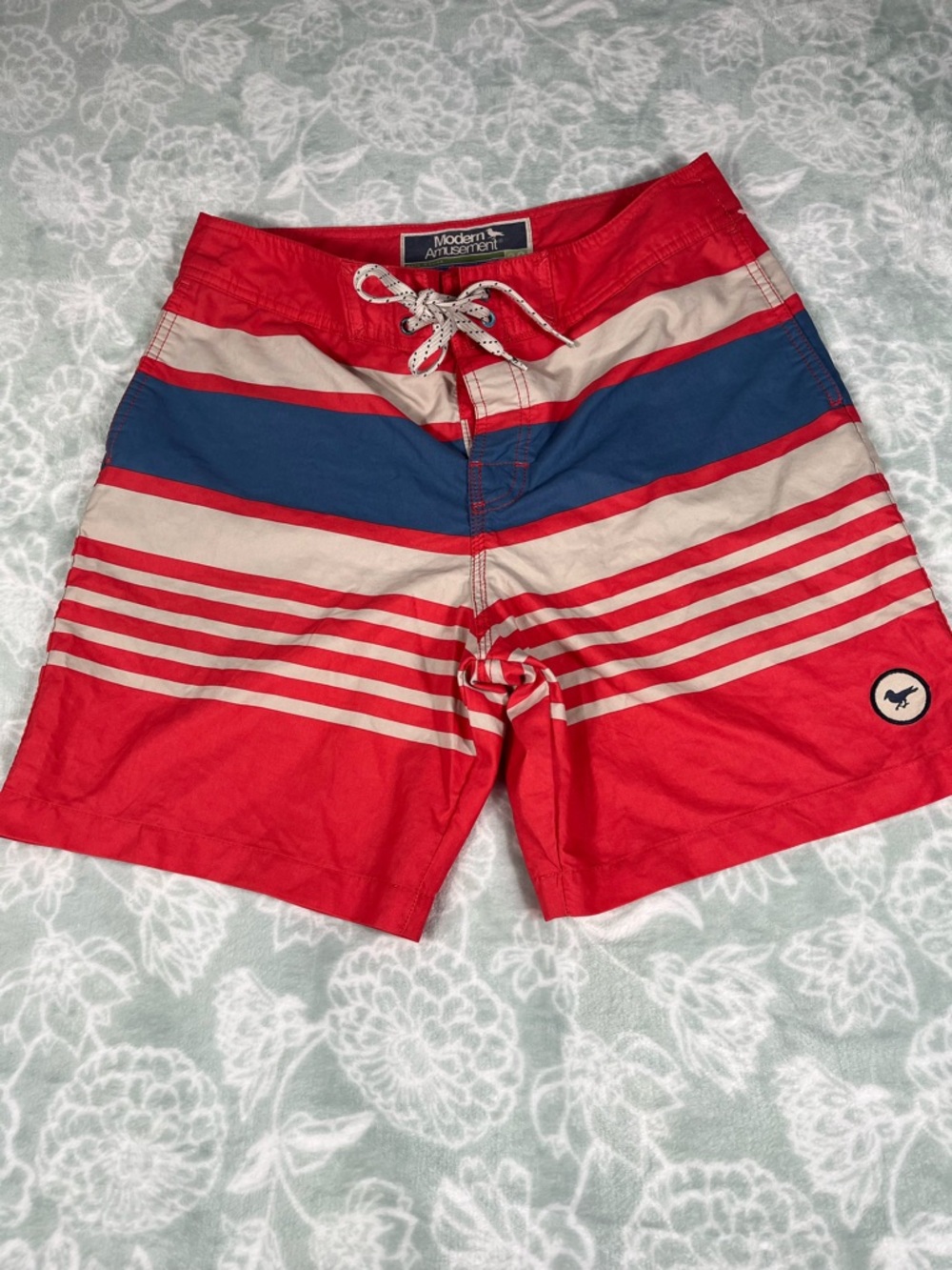 Modern Amusement Red, Navy & Cream Striped Men's Board Shorts